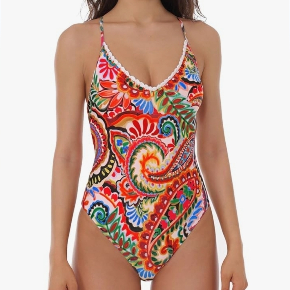 Lucky Brand Women Tropical Paisley Adjustable Tie Back One-Piece Swimsuit Size M